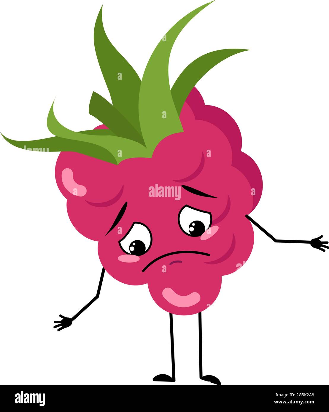 Cute raspberry character with sad emotions, downcast eyes, depressing face, arms and legs Stock Vector