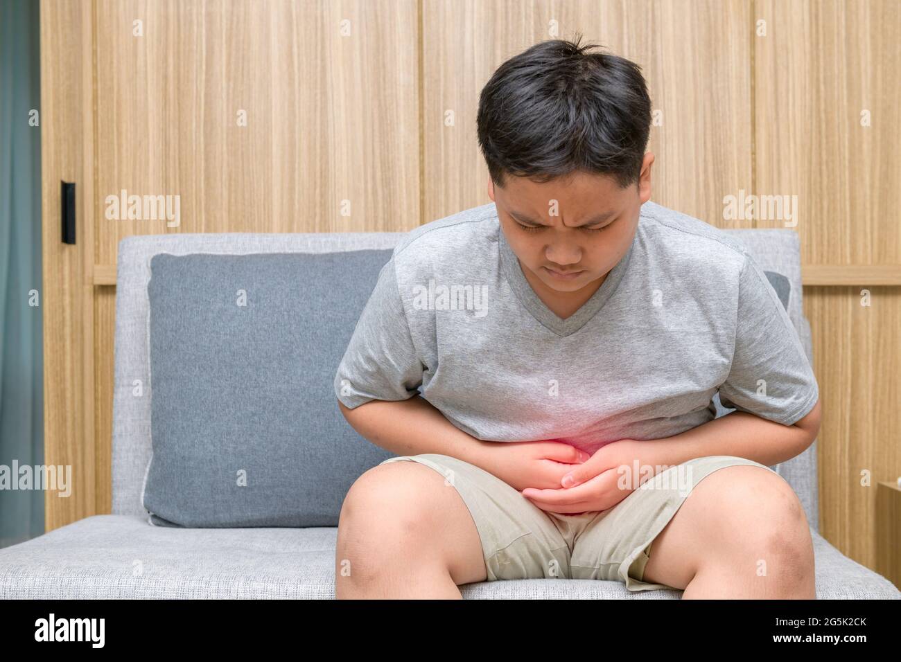 Fat boy feeling stomachache and sitting on the sofa, Diarrhea or food
