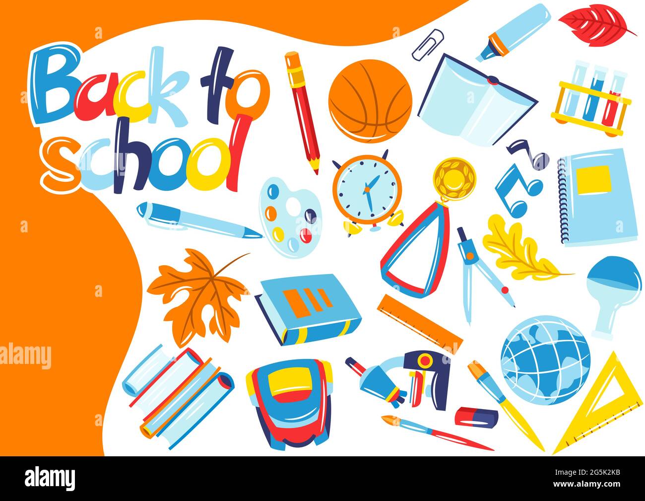 School background with education items. Illustration of supplies and stationery. Stock Vector