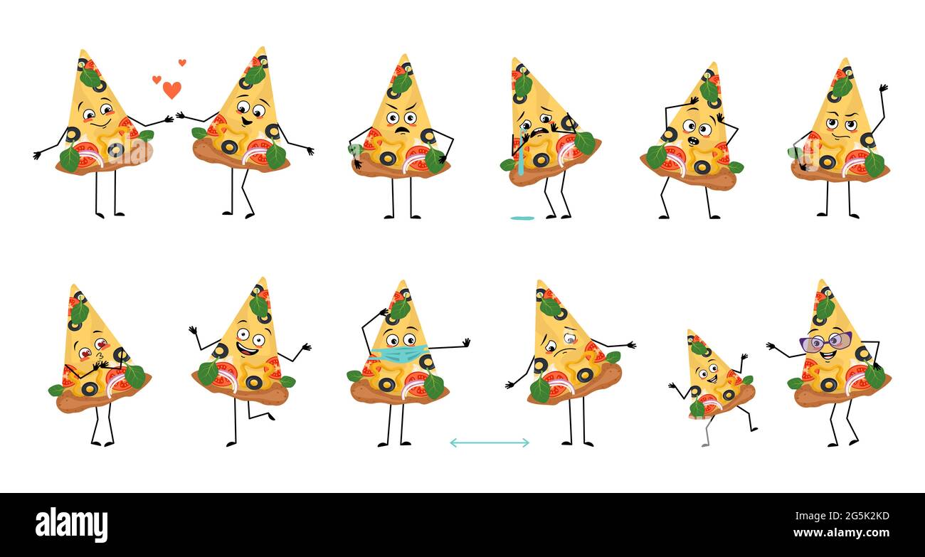 Set of cute pizza characters with emotions, face, arms and legs Stock