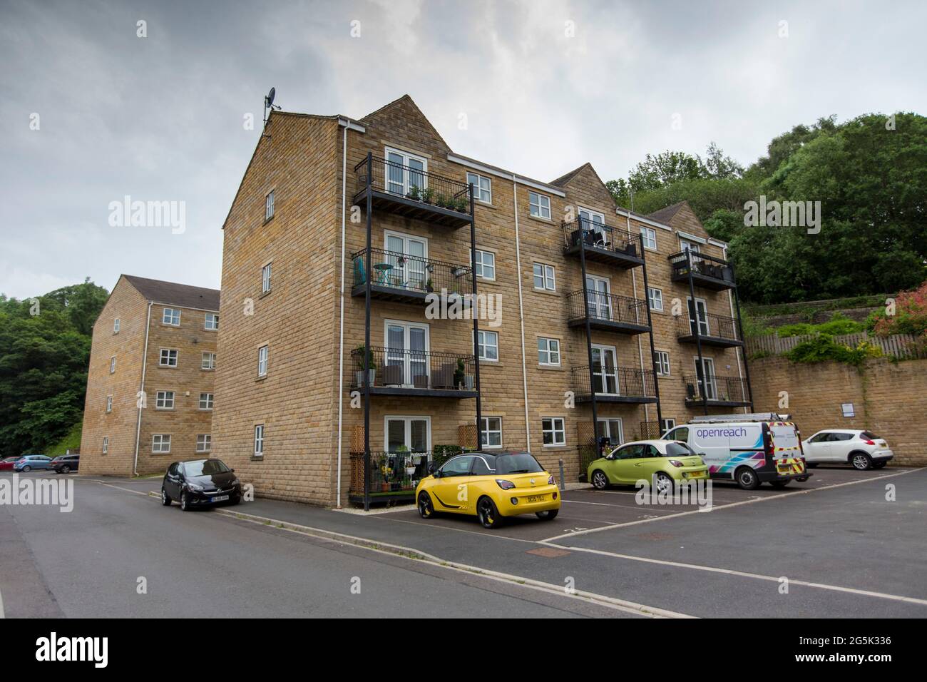 New houses in the flood risk zone of the Calder valley, West Yorkshire
