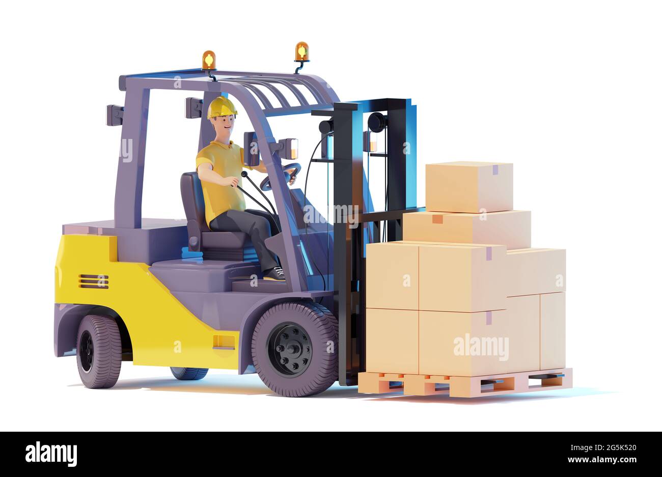 Forklift truck driver lifting pallet with carboard boxes. Warehouse worker is stacking pallets with forklift stacker loader. 3d illustration Stock Photo