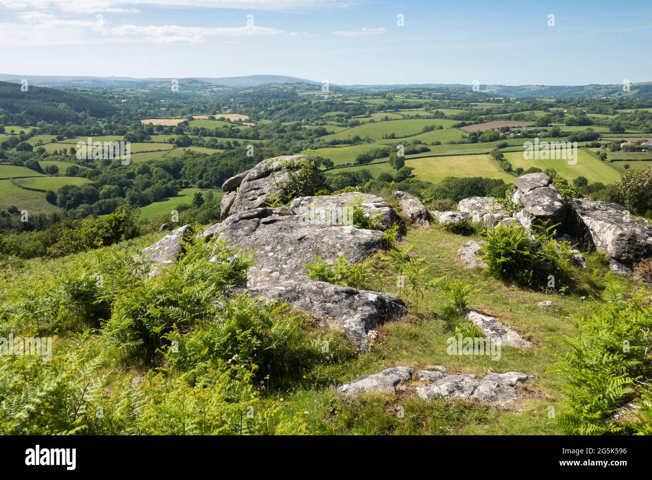 Hunter's Tor near Lustleigh with views over Dartmoor landscape, Dartmoor National Park, Devon, England, United Kingdom, Europe Stock Photo