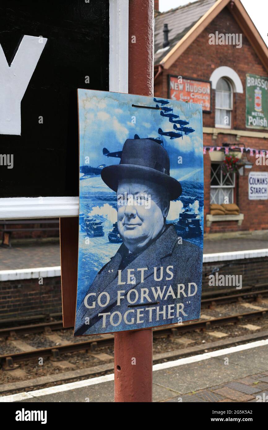 World war 2 posters on display at Bewdley station during their 1940's weekend. Stock Photo