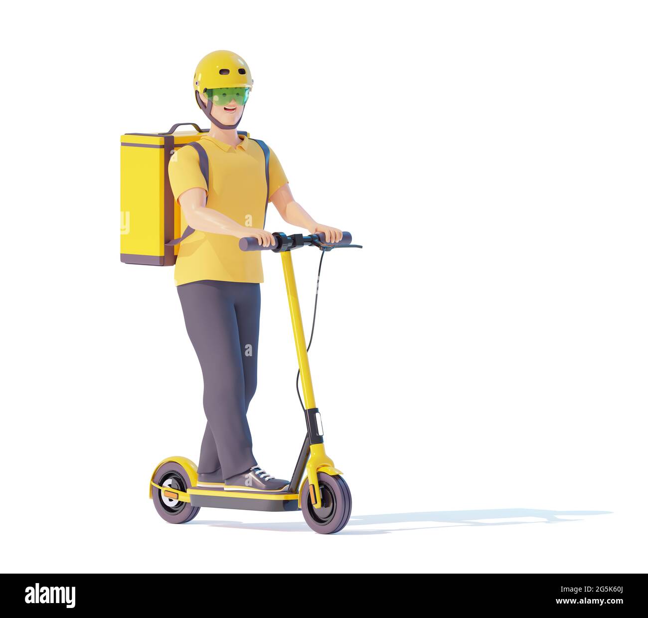 Electric scooter delivery courier with parcel backpack. Courier deliveryman riding electric scooter with thermal bag. Man delivering food or parcels. Stock Photo