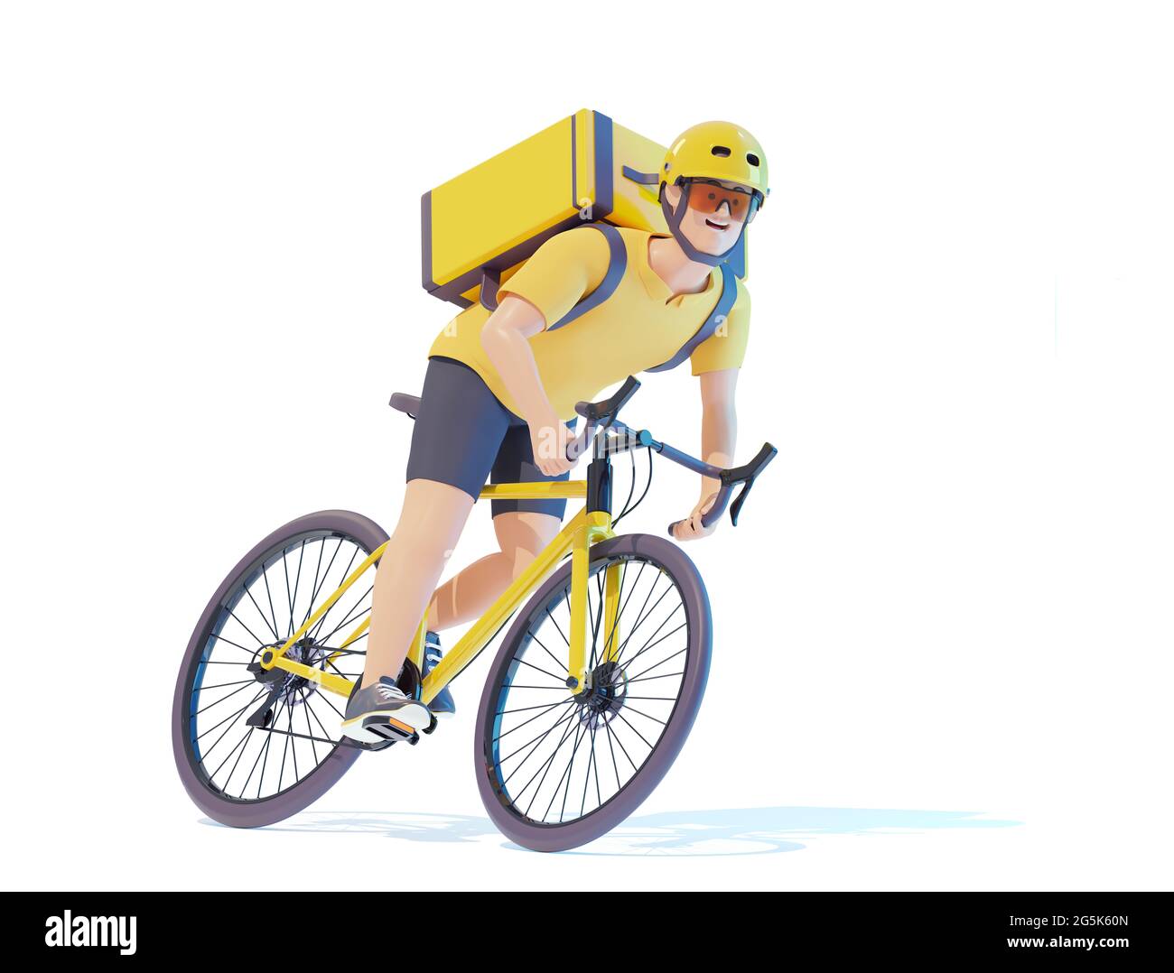 Bicycle delivery courier with parcel backpack. Courier deliveryman riding bike with thermal bag. Man delivering food, orders or parcels on bicycle. Stock Photo