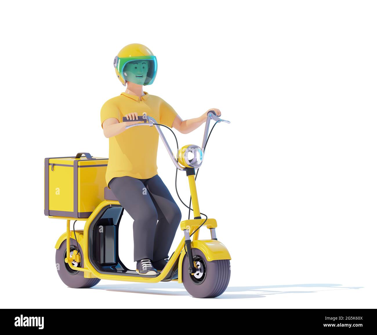 Electric scooter delivery courier with parcel bag. Courier deliveryman riding fat tire electric scooter with thermal bag. Man delivering food Stock Photo