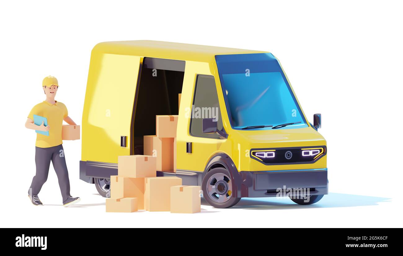 Deliveryman loading cardboard boxes in van. Postal delivery courier man holding cardboard box in front of cargo van delivering package Stock Photo