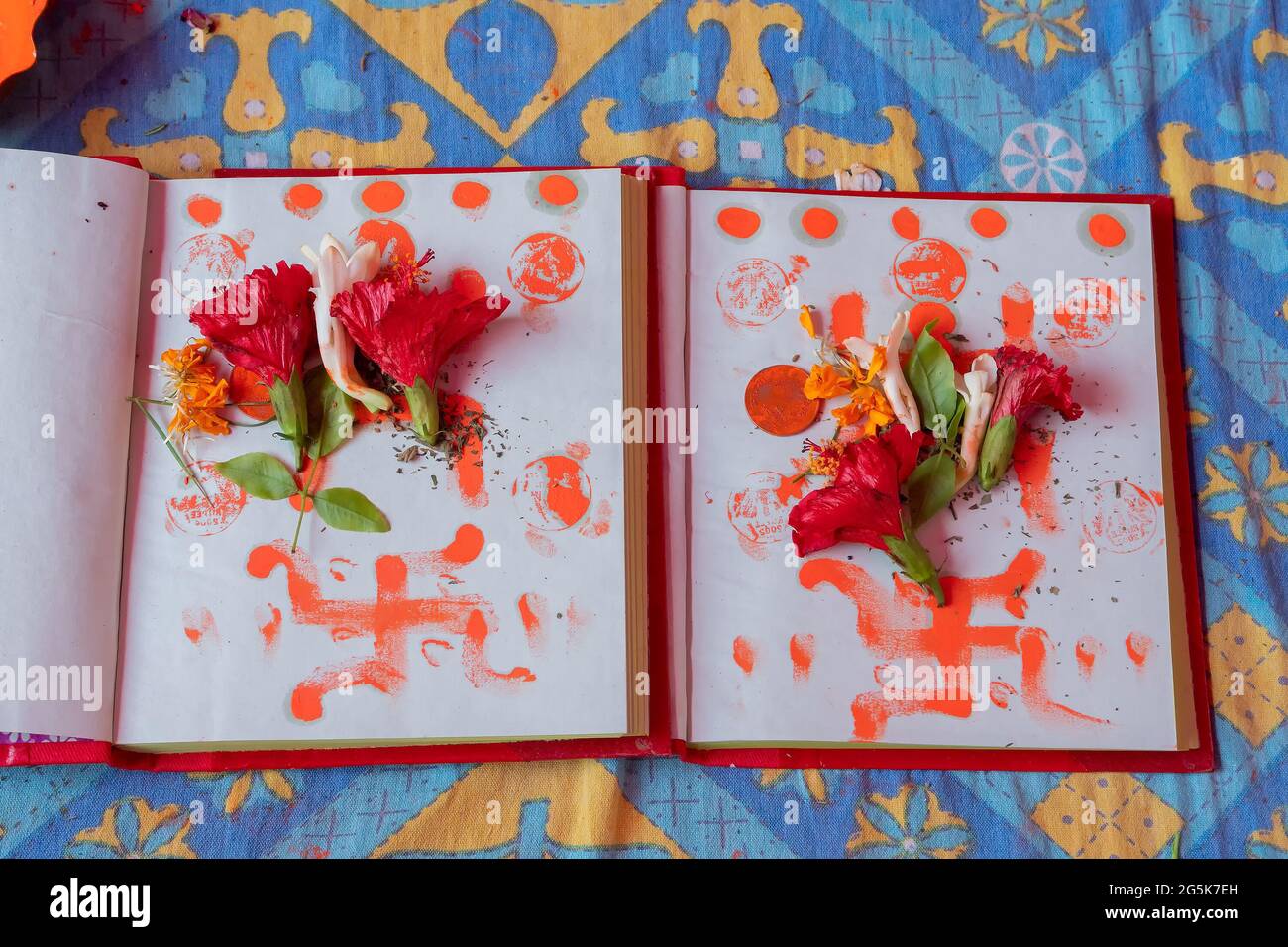 Kolkata,West Bengal,India - 15th April 2019 : New accounts book opened to start writing in Bengali new year, are being worshipped , called nabobarsho. Stock Photo