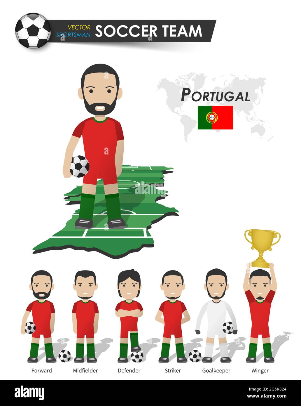 Portugal national soccer cup team . Football player with sports jersey stand on perspective field country map and world map . Set of footballer positi Stock Vector