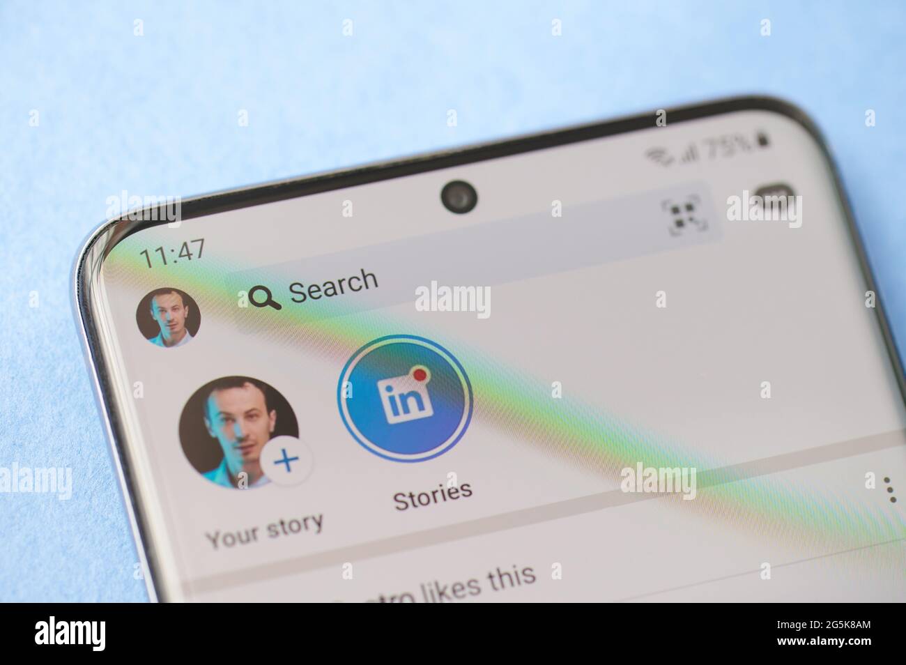 New york, USA - June 28 2021: Stories in LinkedIn app on smartphone screen close up Stock Photo