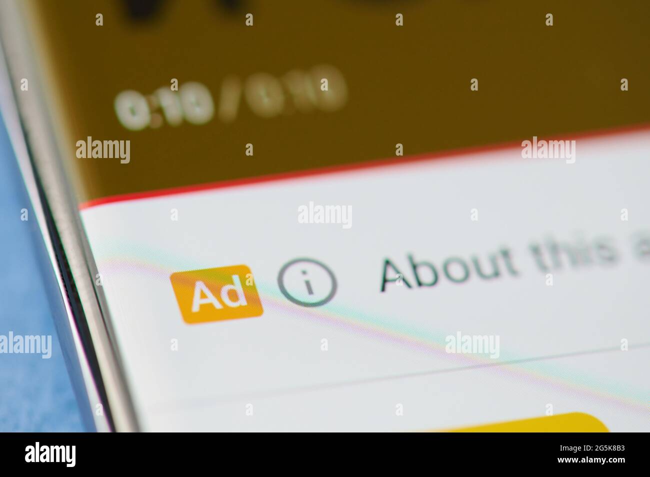 New york, USA - June 28 2021: Ads on youtube application in smartphone screen close up Stock Photo