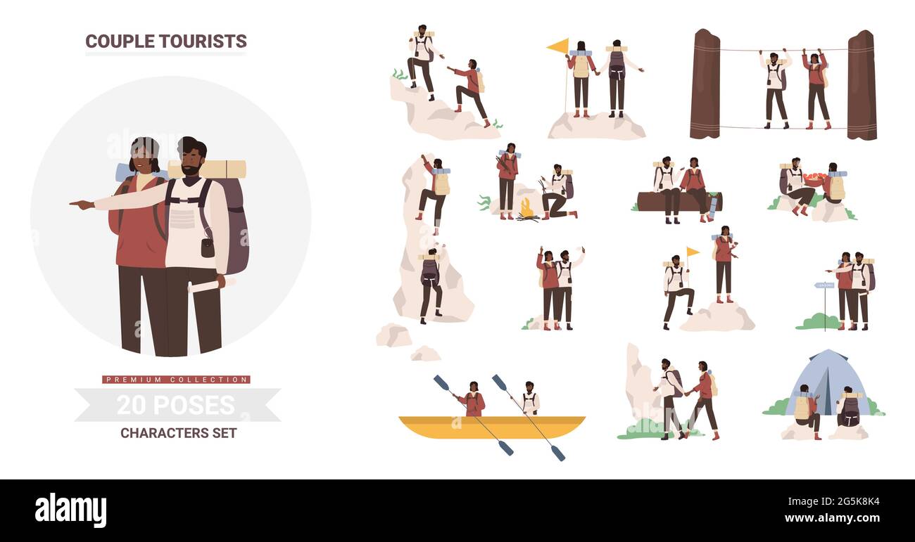 African american black people tourists poses vector illustration set. Cartoon man woman couple travelers hiking, camping, kayaking climbing, young camper enjoy tourism adventures together isolated Stock Vector