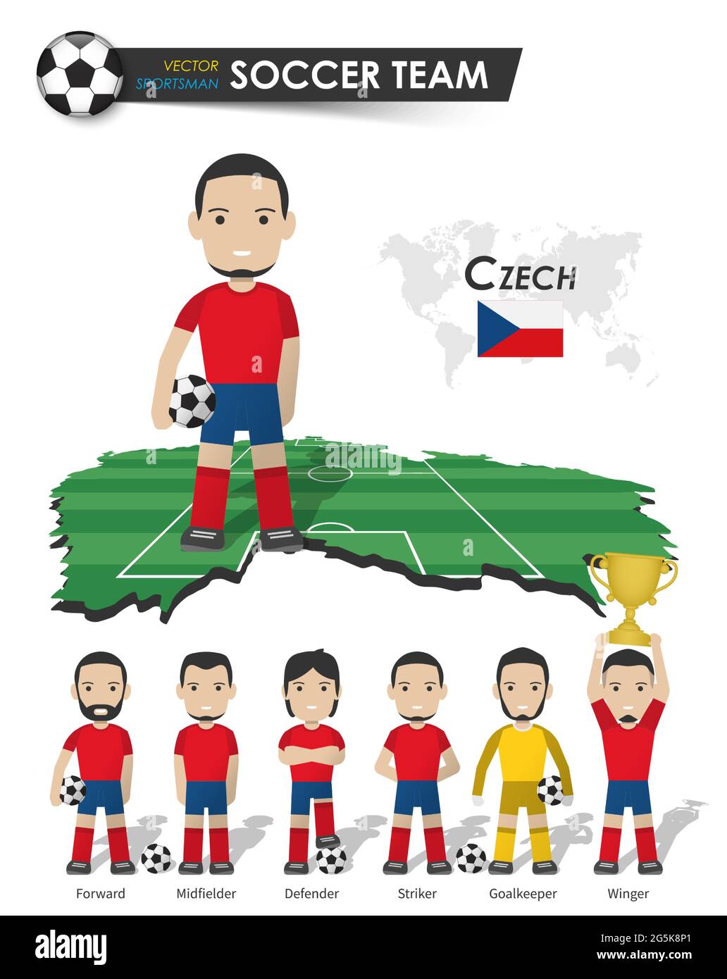 Czech republic national soccer cup team . Football player with sports jersey stand on perspective field country map and world map . Set of footballer Stock Vector