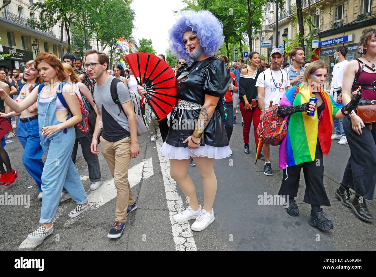 A famous French Drag Queen, The Big Bertha poses for a photo during the Gay Pride March in Paris. Thousands of LGBT members and their supporters took part in the Gay Pride March in Paris to celebrate Pride Month. (Photo by Gregory Herpe / SOPA Images/Sipa USA) Stock Photo
