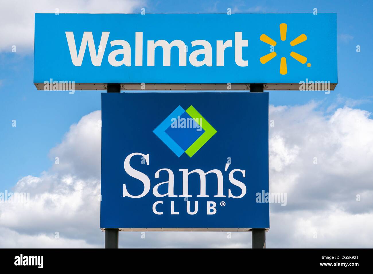 GREEN BAY, WI,USA - JUNE 21, 2021 - Walmart and Sam's Club retail store exterior sign and trademark logo. Stock Photo