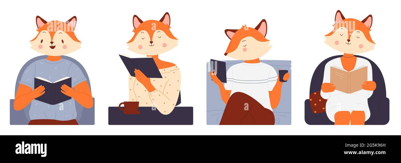 Animals read books set, education of cute fox characters vector  illustration. Cartoon funny fox booklover reading story book literature  from library or bookstore, fun storytime isolated on white Stock Vector  Image &