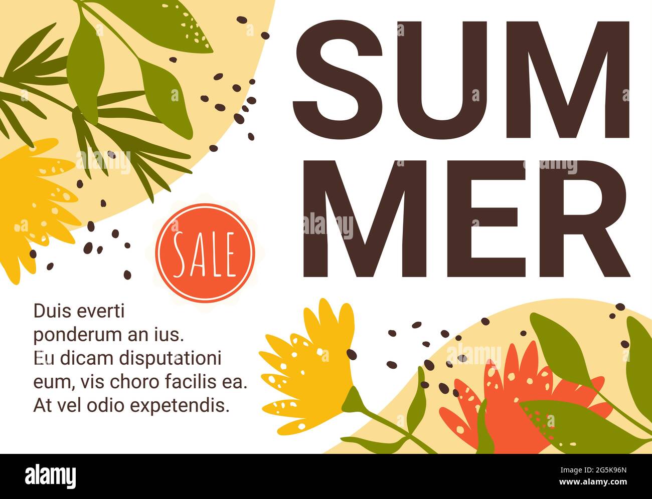 Summer sale banner with wild flowers plants, green grass leaves, geometric shapes and text summer vector illustration. Cartoon special offer sale flyer template, seasonal shop promotion summertime Stock Vector