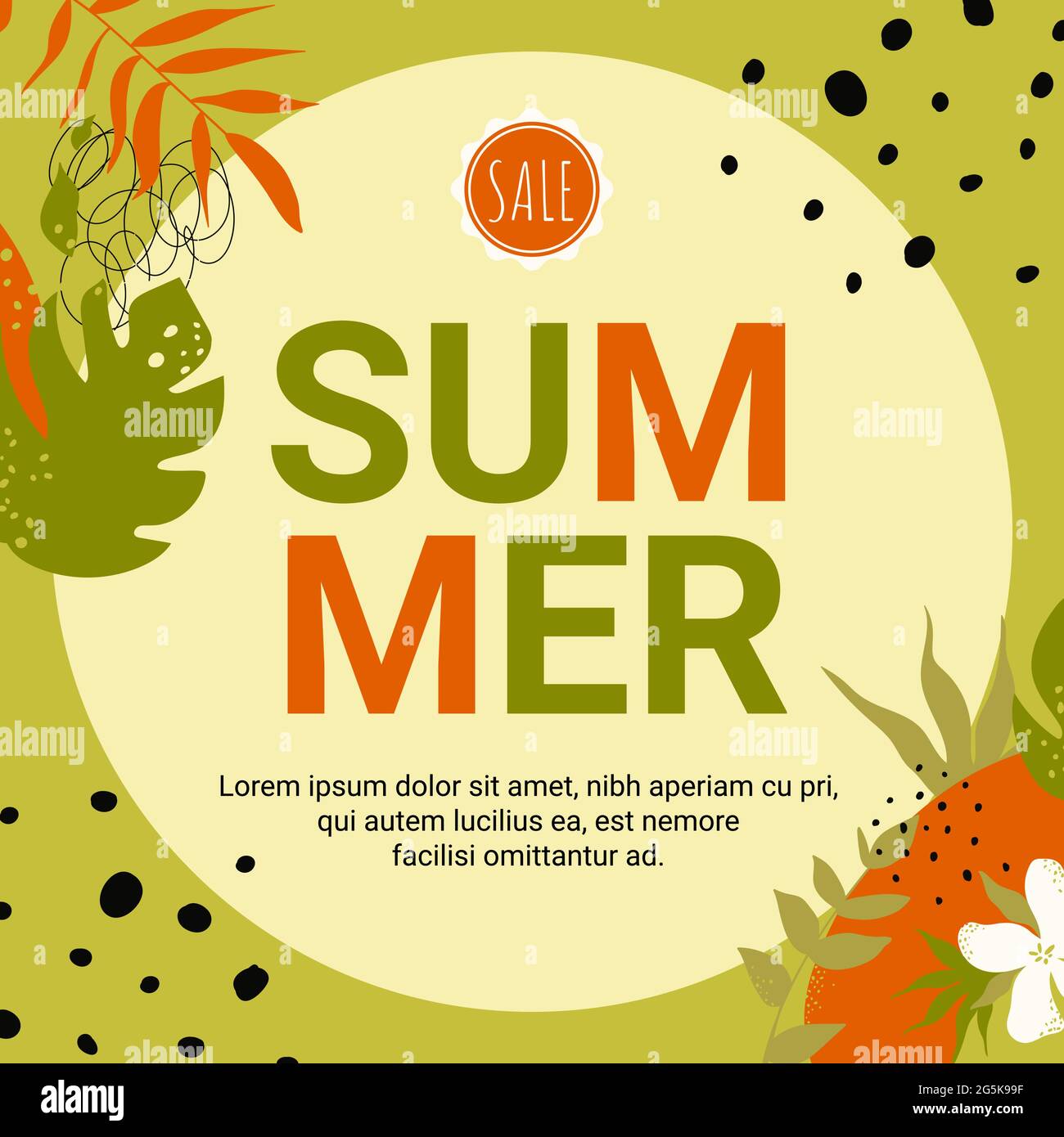 Summer sale design, banner with flower, garden green leaves and dots in round frame border vector illustration. Cartoon special offer typography for coupon voucher certificate banner flyer template Stock Vector