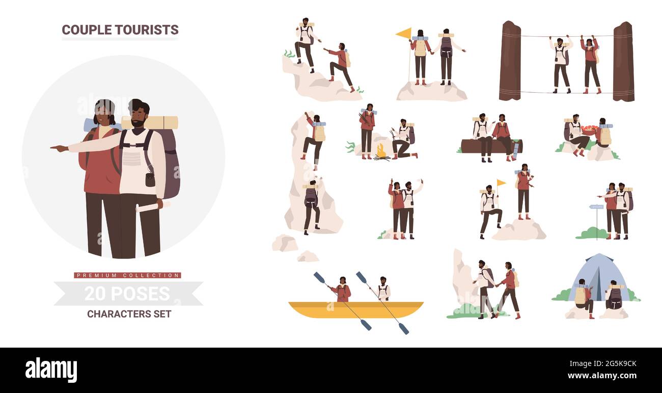 African american black people tourists poses vector illustration set. Cartoon man woman couple travelers hiking, camping, kayaking climbing, young camper enjoy tourism adventures together isolated Stock Vector
