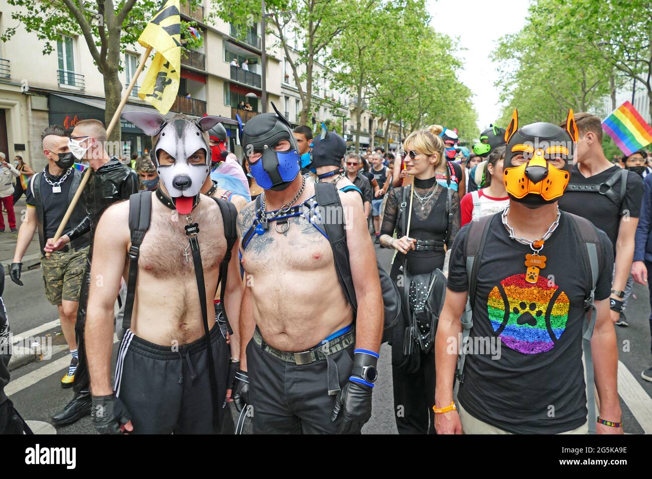Paris, France. 27th June, 2021. Sado masochists with leather dog masks