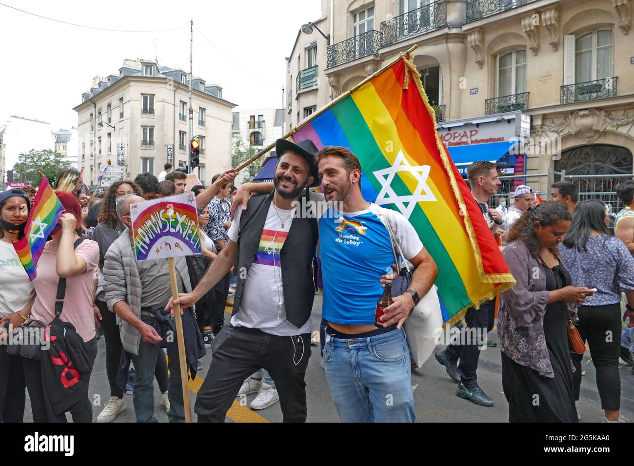 Paris, France. 27th June, 2021. Jewish homosexuals pose for a photo during the Gay Pride March in Paris. Thousands of LGBT members and their supporters took part in the Gay Pride March in Paris to celebrate Pride Month. Credit: SOPA Images Limited/Alamy Live News Stock Photo