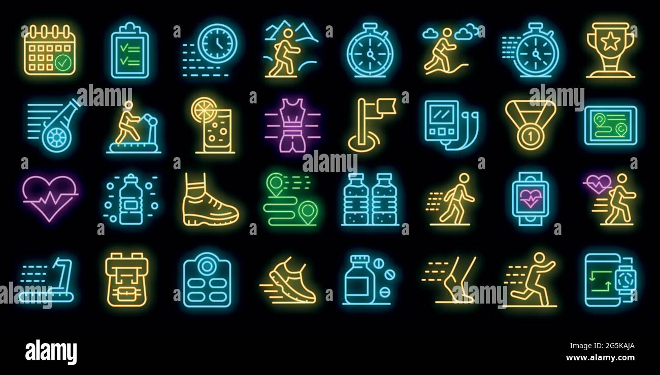 Running icons set. Outline set of running vector icons neon color on ...