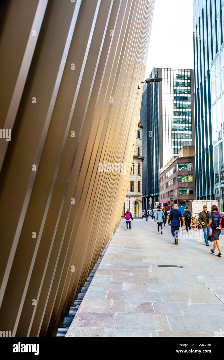 Curved facade of 70 St Mary Axe (Can of Ham) along Bevis Marks Street in the City of London, UK Stock Photo