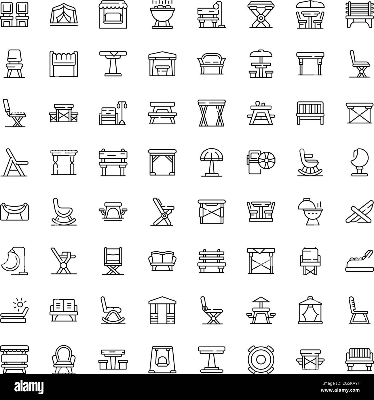 Outdoor furniture icons set outline vector. Garden deck. Patio table