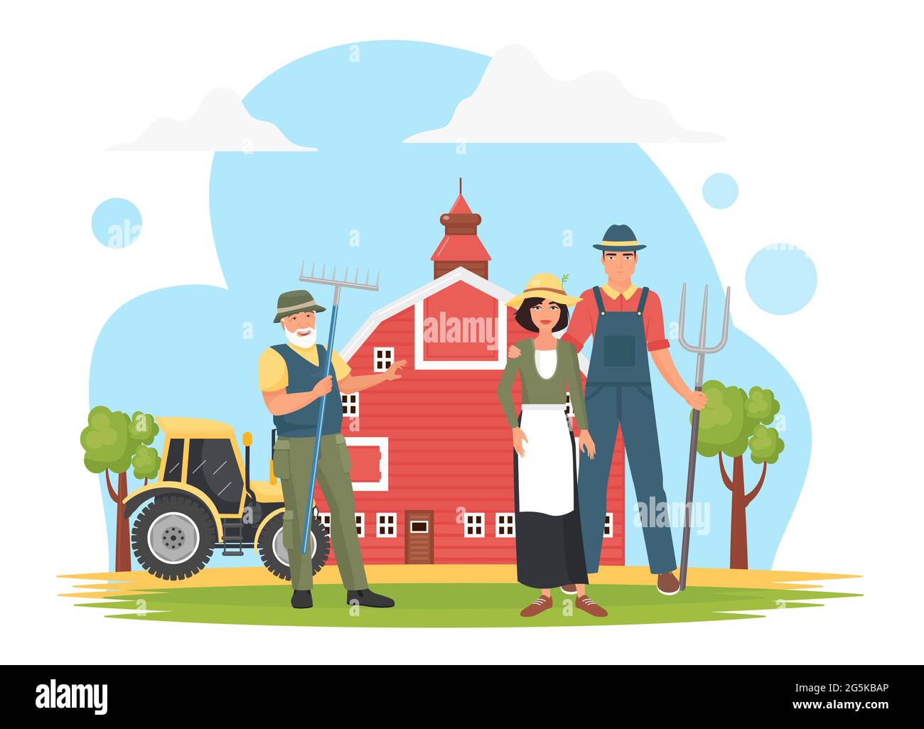 Farmer people in farm village, agriculture work vector illustration