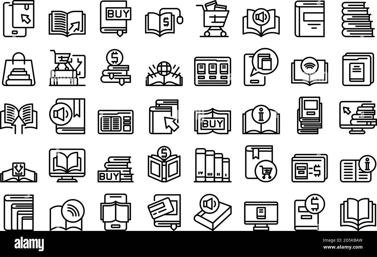 Online bookstore icons set outline vector. Open book magazine. Author ...