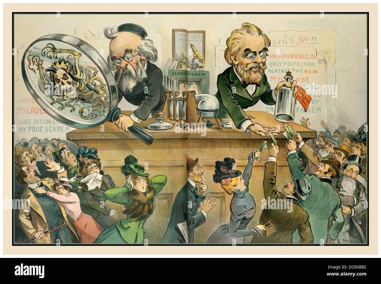 Vintage Quack Medicine poster 'Partners in the bogie business' / Keppler. llustration showing two men, 'Prof. Scarem' presenting his latest findings on microbes to a crowd of frightened onlookers, and 'Dr. Fakem' selling the latest protection against microbes to a crowd of eager consumers. 'Scarem' and 'Fakem' are a pair of quacks working together to take advantage of a gullible public. Keppler, Udo J., 1872-1956, artist N.Y. : J. Ottmann Lith. Co., Puck Bldg., 1900 February 28. -  Patent medicines--1900 Quacks--1900 Stock Photo