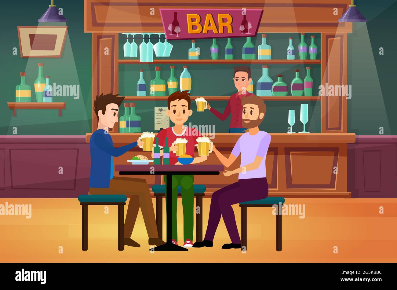 People friends drink beer in bar or pub vector illustration. Cartoon happy young man characters holding beer glasses, guys drinking, having fun, barman behind counter in restaurant interior background Stock Vector