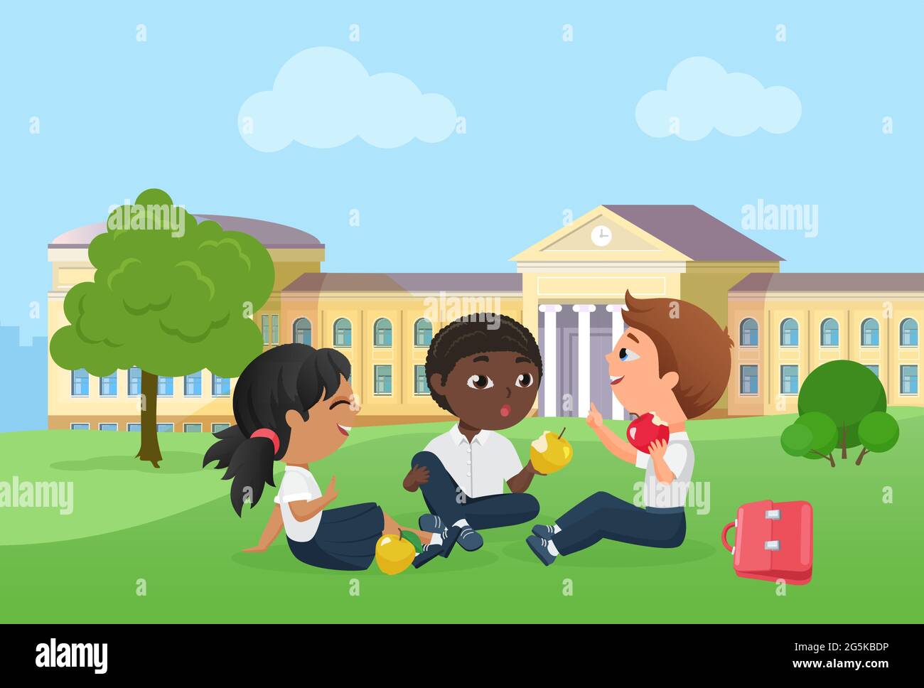 Happy children spend fun time together after school lessons vector illustration. Cartoon girl boy child characters sitting on picnic on lawn in front of school building, students talking background Stock Vector