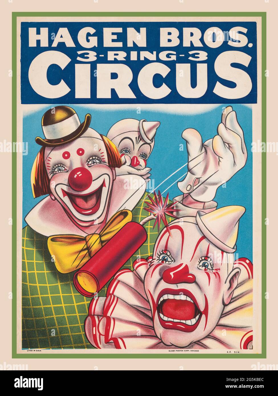 CIRCUS POSTER 1900s Hagen Bros. 3-ring-3 circus lithograph poster Circus poster showing clown faces and fire cracker. Chicago : Globe Poster Corp., [between 1900 and 1910] Chromolithographs--1900-1910. Circus posters--American--1900-1910. Stock Photo
