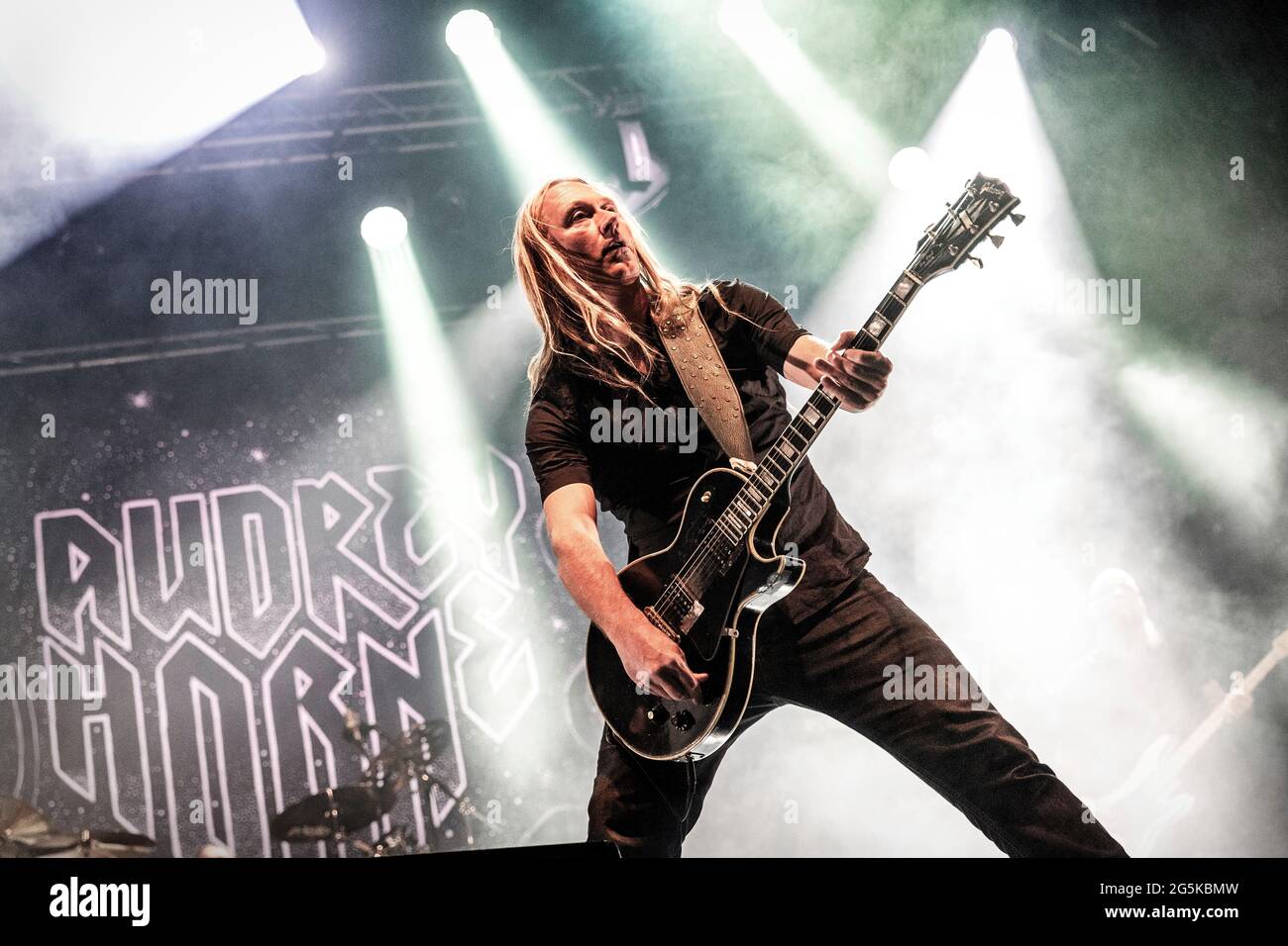 Oslo, Norway. 25th June, 2021. The Norwegian hard rock band Audrey Horne  performs a live concert at Sentrum Scene in Oslo. Here guitarist Thomas  Tofthagen is seen live on stage. (Photo Credit:
