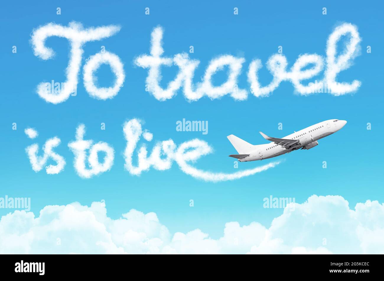 To travel is to live - phrase drawn from clouds airplane in the blue sky, concept travel tourism holiday vacation Stock Photo