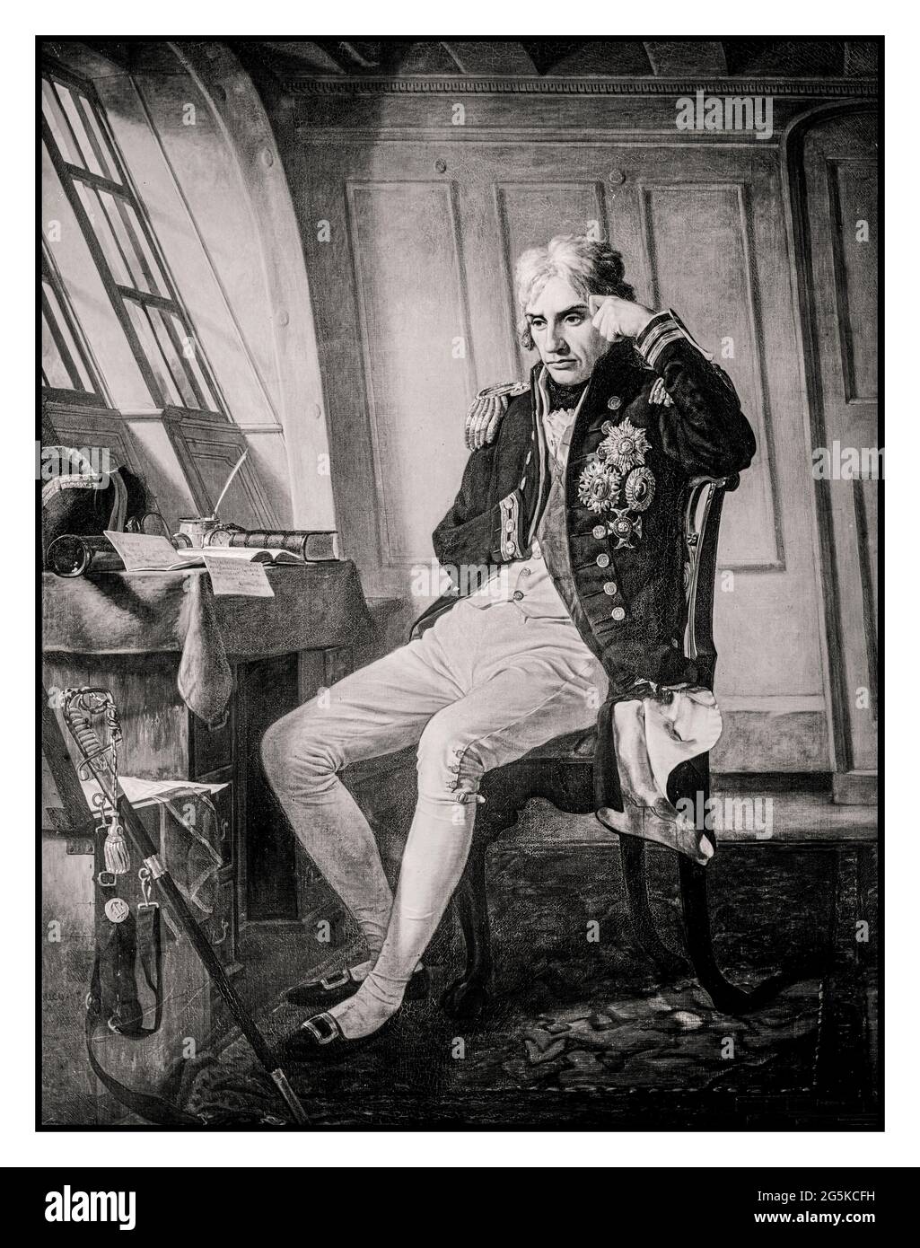 LORD ADMIRAL NELSON CABIN VICTORY Archive illustration Lord Nelson in the cabin of the Victory before the Battle of Trafalgar Charles Lucy 1814-1873, artist Detroit Publishing Co., publisher between 1900 and 1912] -  Nelson, Horatio Nelson,--Viscount,--1758-1805 -  Victory (Ship) Interiors Ships Stock Photo