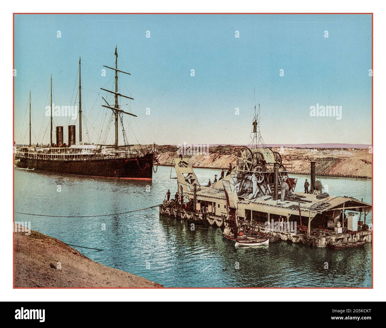 Vintage 1900's Suez Canal Dredging Machine Egypt. Suez Canal construction maintenance Vessel and dredging machine.Photoglob Co., publisher Zürich Photoglob Company [ca. 1890-1910] Archive Stock Photo