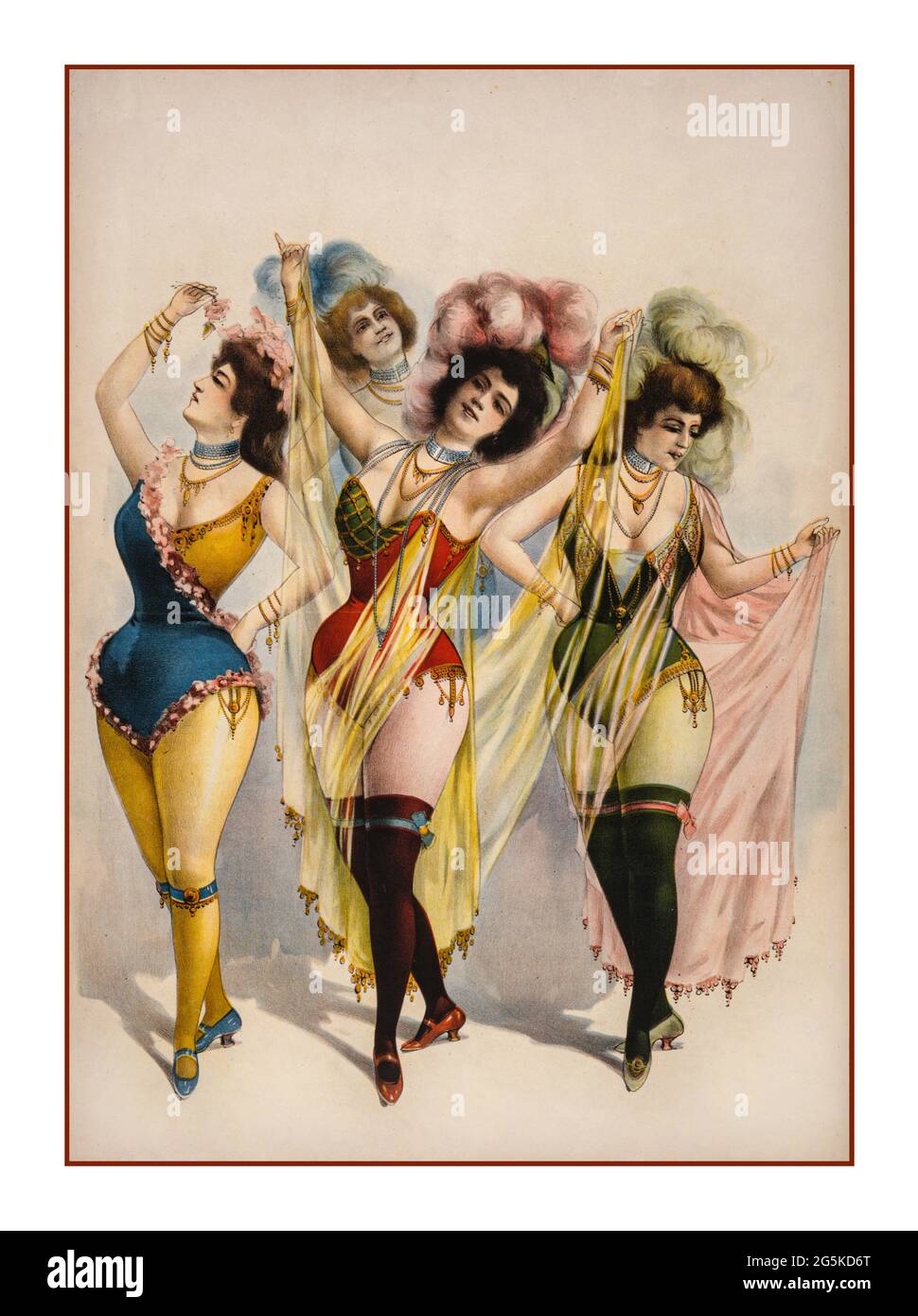 Vintage 1899 Burlesque Entertainment Poster Women wearing brief costumes, holding veils, with feathers in her hair] Courier Company. Buffalo, N.Y. : Courier Litho. Co., c1899. -  Burlesque shows Chorus girls Feathers Veils Lithographs--Color.Theatrical posters--American. Stock Photo
