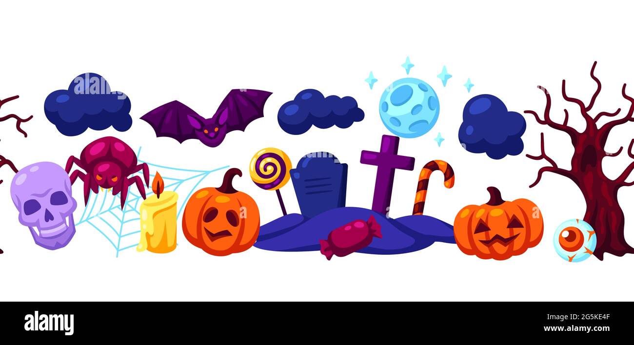 Happy Halloween seamless pattern with celebration items. Background for party. Stock Vector