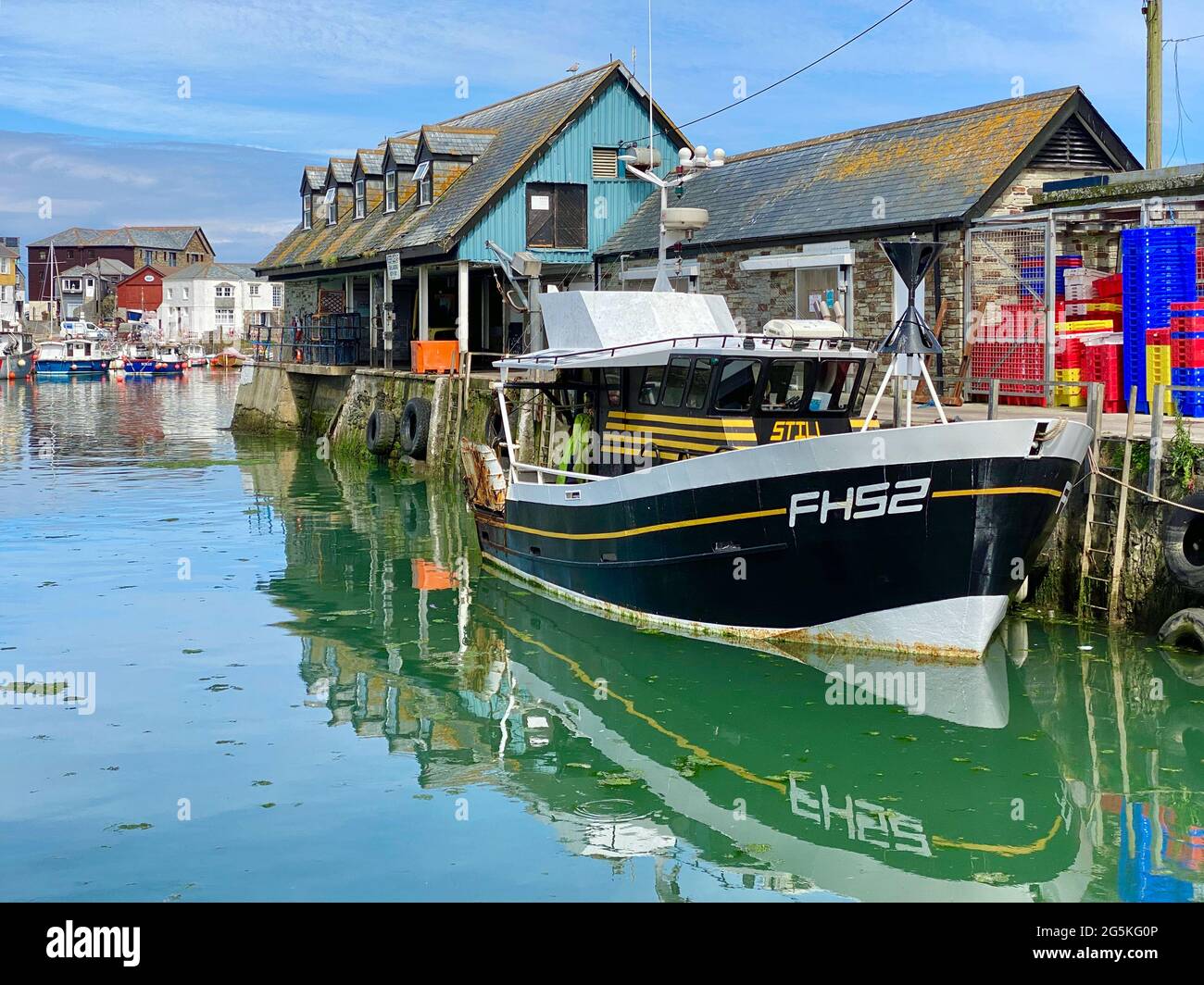 Fishing Boat in Mevagissey Inner Harbour, Cornwall Stock Photo