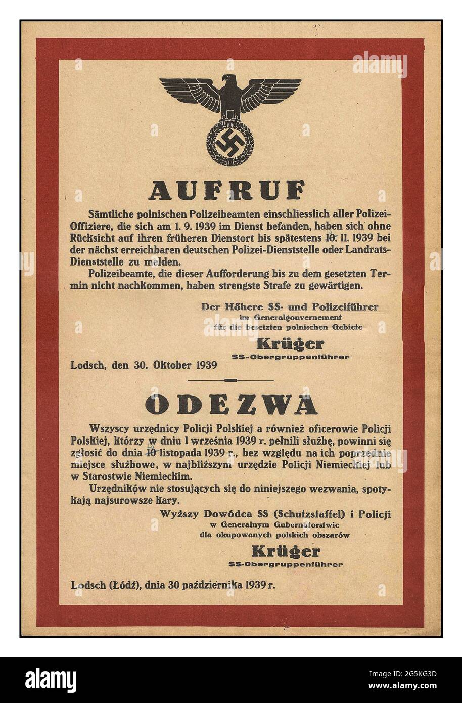 Nazi Poland Occupation Poster in Polish Language information declaration proclamation order appeal obliging Polish Police officials to report to the Nazi Occupation Occupying Forces. With German Eagle and Nazi Germany Swastika Symbol Date 30 October 1939 Stock Photo