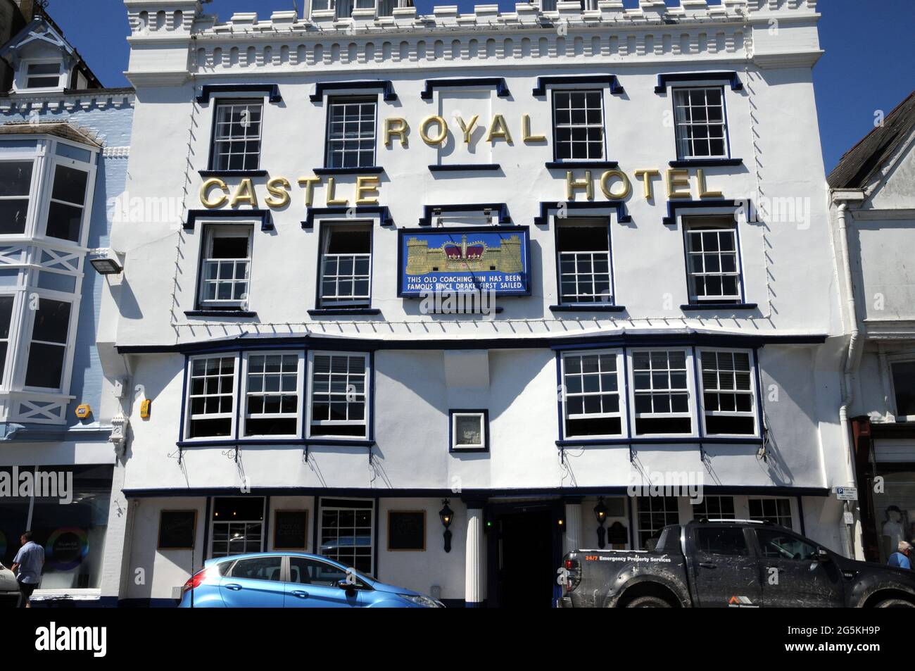 Situated on The Quay in the Devon town of Dartmouth the Royal Castle Hotel dates from 1639, possibly on the site of an older coaching inn. Stock Photo