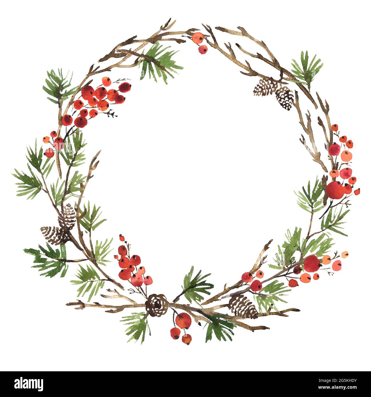 Watercolor Christmas wreath of spruce, pine cones and holly berries ...