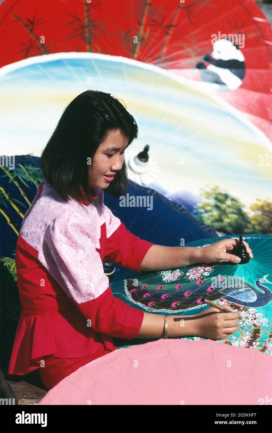 Thailand. Chiang Mai. Craftworker. Umbrella making. Stock Photo