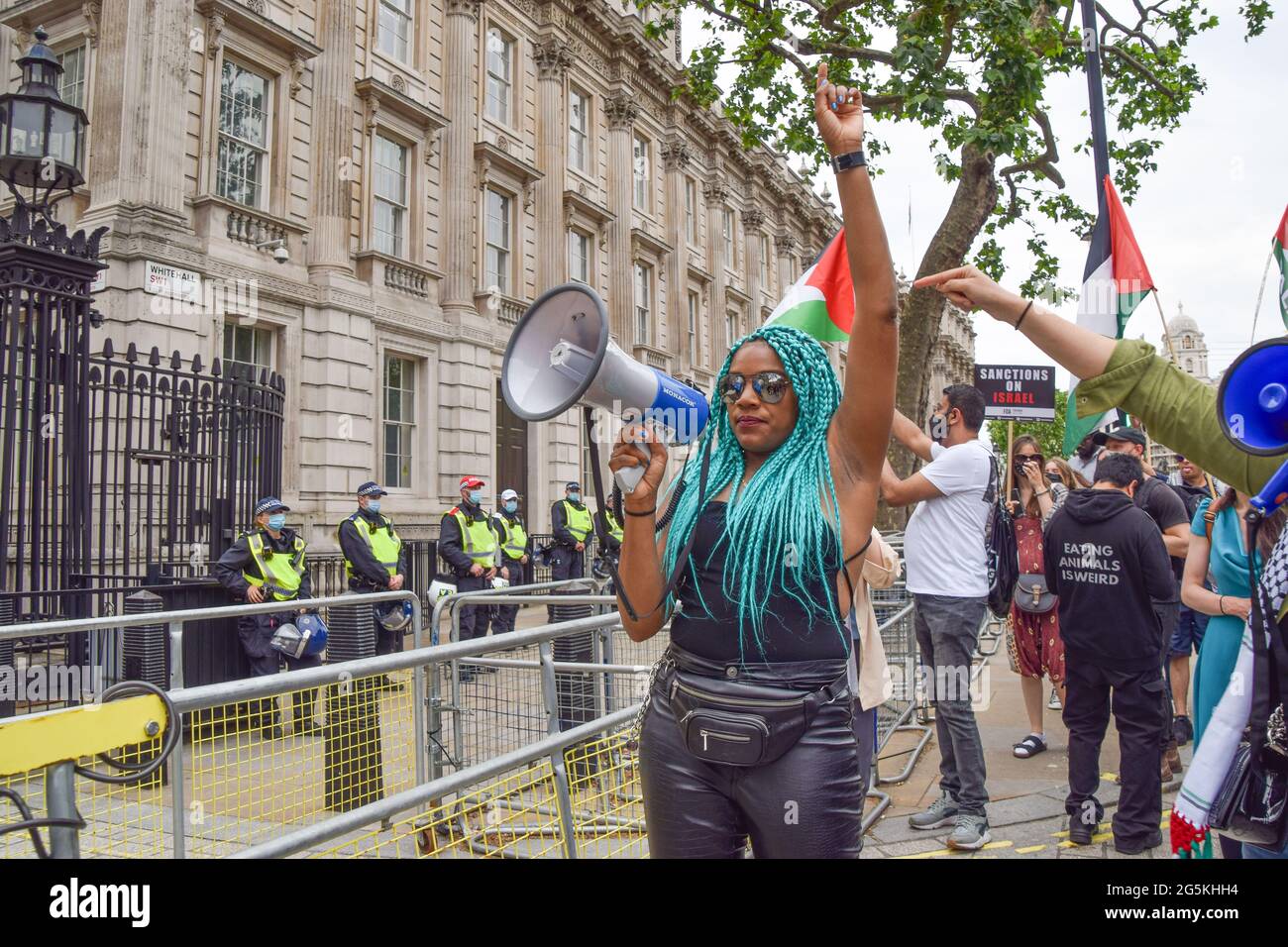 London, United Kingdom. 26th June 2021. Protesters outside Downing Street. Several protests took place in the capital, as pro-Palestine, Black Lives Matter, Kill The Bill, Extinction Rebellion, anti-Tory demonstrators, and various other groups marched through Central London. Stock Photo