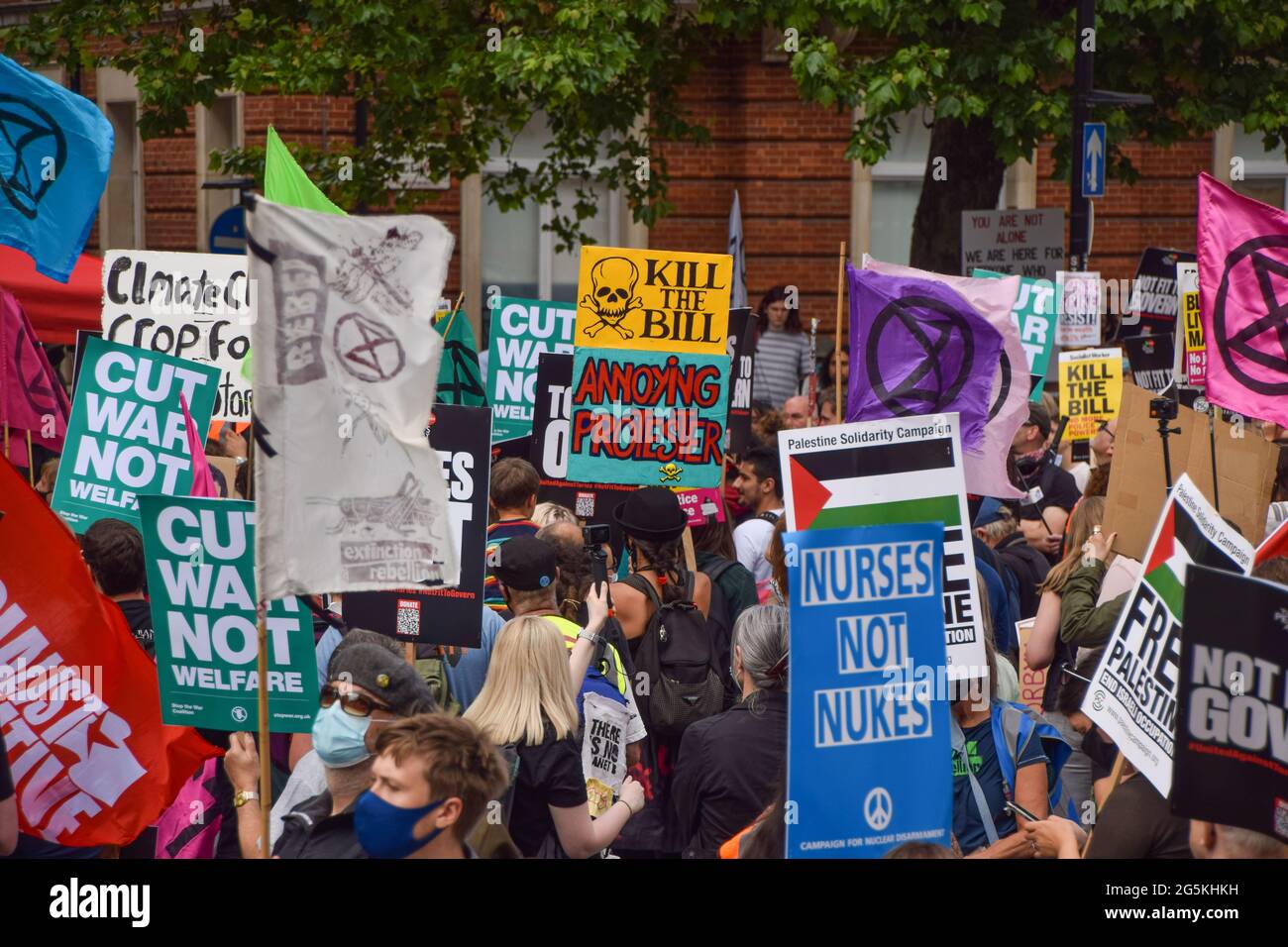 London, United Kingdom. 26th June 2021. Protesters on Regent Street. Several protests took place in the capital, as pro-Palestine, Black Lives Matter, Kill The Bill, Extinction Rebellion, anti-Tory demonstrators, and various other groups marched through Central London. Stock Photo