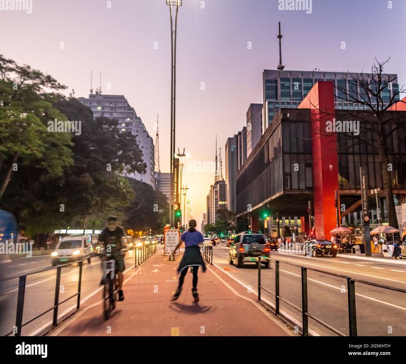 Woman riding roller skates on the Avenida Paulista bike path Stock Photo
