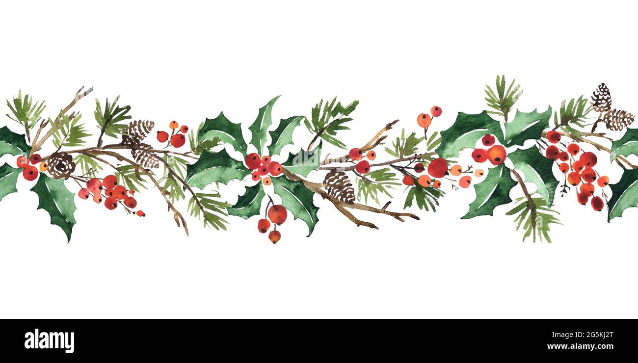Christmas watercolor horizontal seamless pattern with holly berries ...